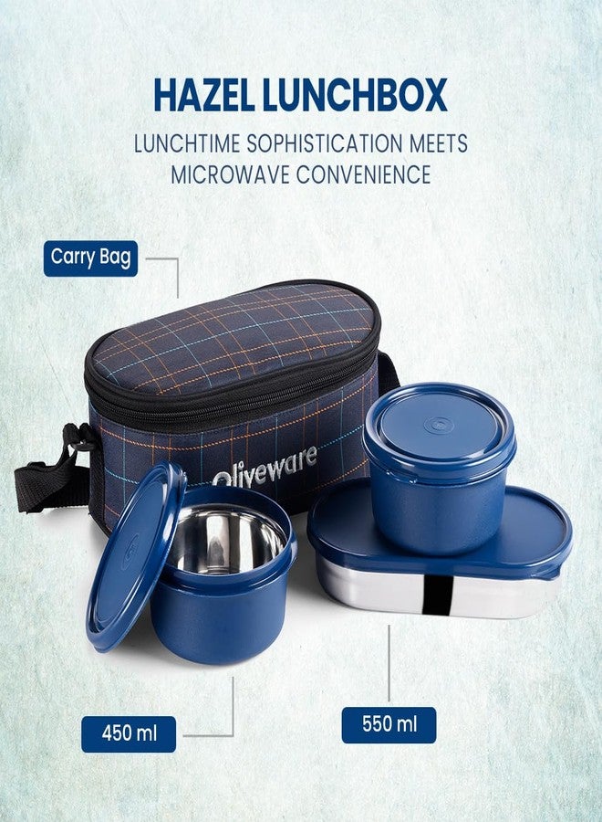 SOPL-OLIVEWARE علبة غداء SOPL-OLIVEWARE Hazel، مانعة للتسرب وآمنة للاستخدام في الميكروويف، 3 حاويات داخلية من الفولاذ (450 مل، 450 مل، 550 مل)، حقيبة قماشية معزولة، وجبة كاملة وسهلة الحمل (أزرق) - Image 2
